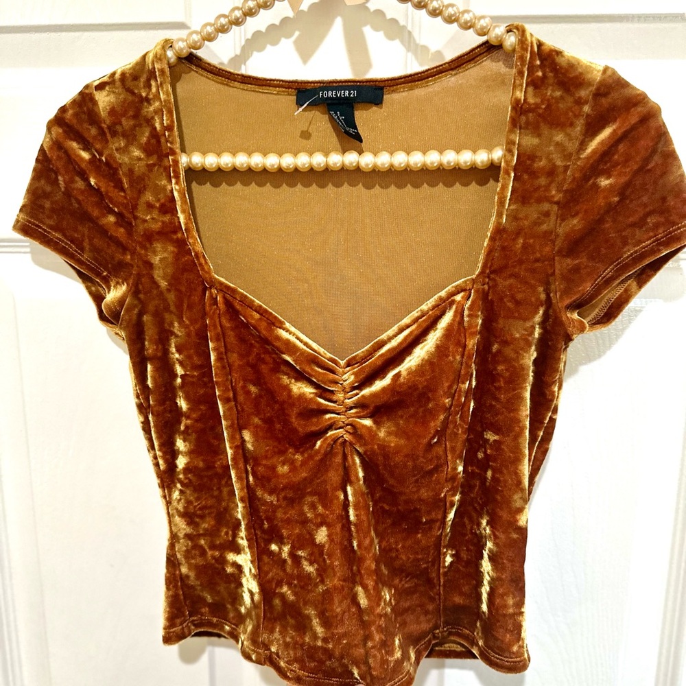 Forever 21 Mustard Gold Crushed Velvet Y2K Festival Crop Top